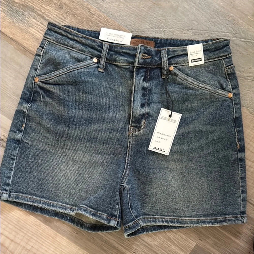 Judy Blue High-Waisted Blue Jean Shorts with Distressed Look - Picture 1 of 3